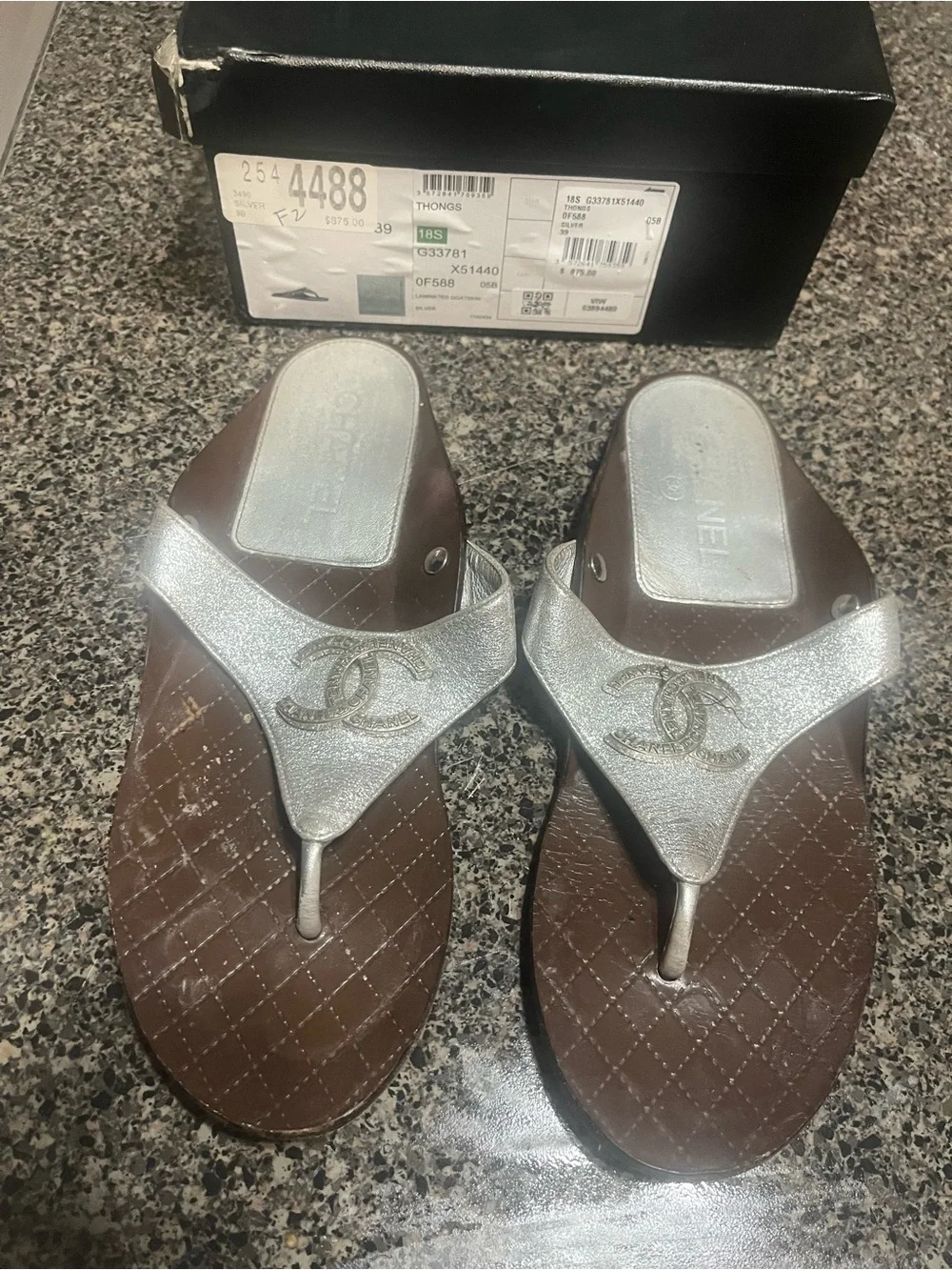 CHANEL Silver Metallic Thong Sandals with Brown Quilted Footbed